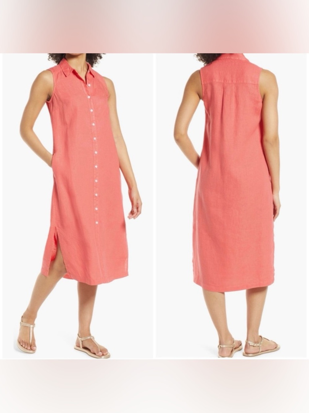 Tommy Bahama Two Palms Coral Linen Shirtdress L Button Front Coastal Resort Midi
